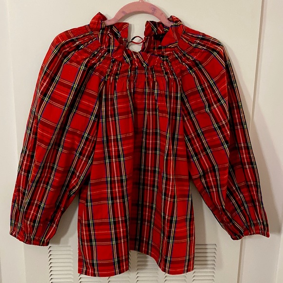 J. Crew Tops - JCrew Tartan Smocked Plaid tie back top- red/small